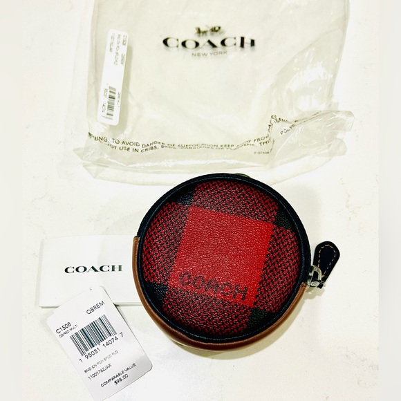 New Coach Round Coin Case With Buffalo Plaid Print - Deadstock RARE - Picture 2 of 16
